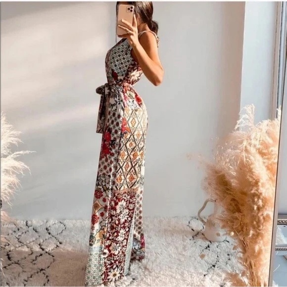 Zara Patchwork Printed Jumpsuit Multicoloured Size Medium Wide Leg Belted Satin - Picture 5 of 16